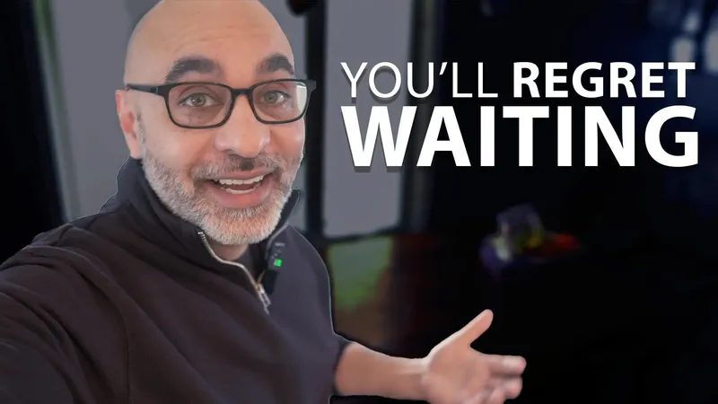 Action shot of man walking and talking with the text: You'll regret waiting