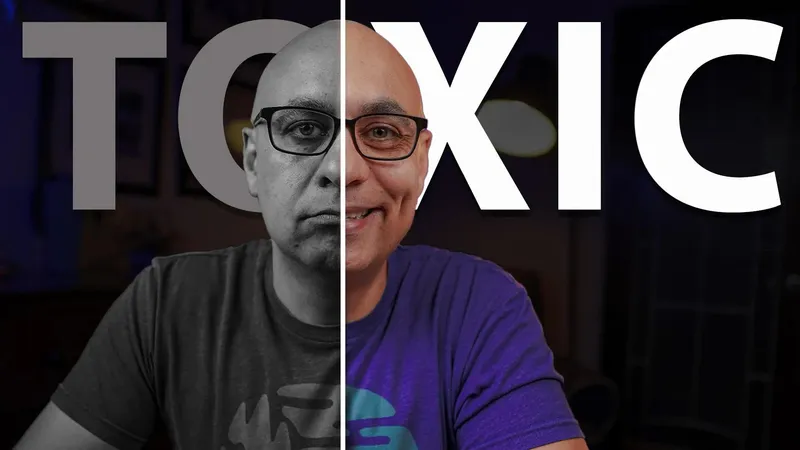 Two sided image of a man, left grey, right vibrant in front of the word TOXIC