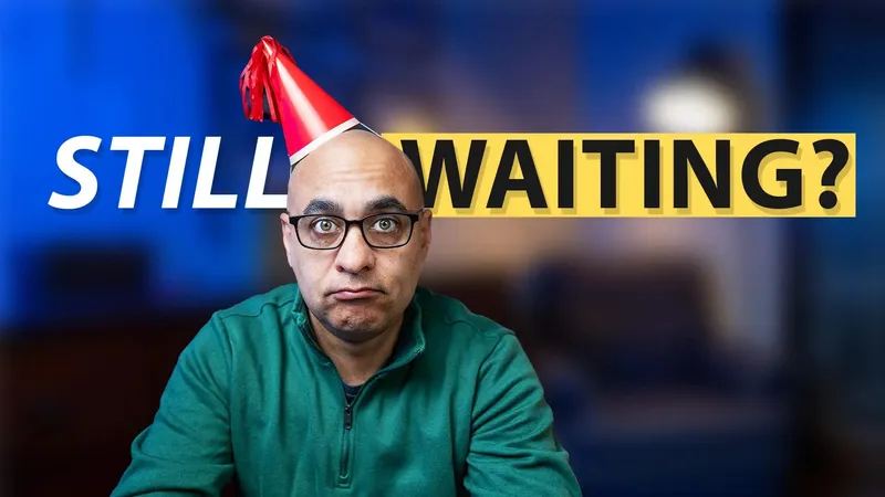 Sad man in a part hat with the text: Still waiting
