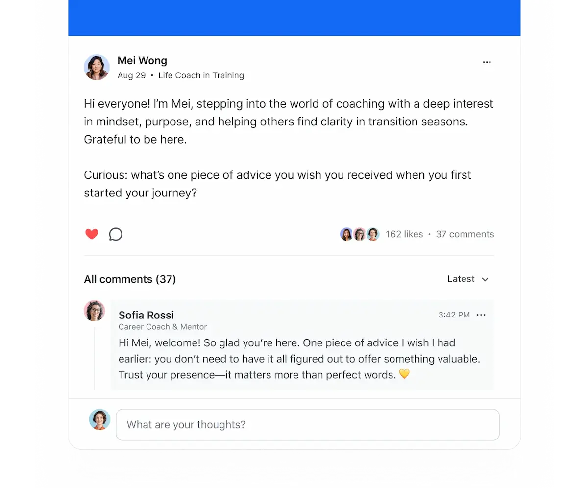 Screenshot showing community discussions within the leadership program.