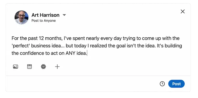 Screenshot of a LinkedIn post by Art Harrison titled 'The most valuable skill', arguing that building entrepreneurial skills is key.